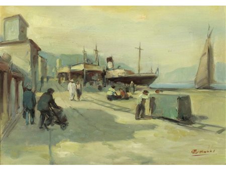 Ernesto Giacobbi (Piacenza 1891-1964) La Dogana di Arona Olio su cartone...
