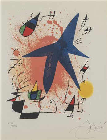 Joan Mirò (Barcellona 1893 - Palma di Maiorca 1983), “L'Étoile Bleu”.Litografia a colori su