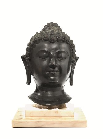 Scultura, Tailandia, sec. XVI-XVII, in bronzo, raffigurante testa di Budda,...