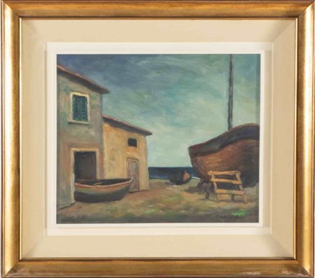 Rodolfo Cristina (Pozzallo 1924 – 1979), “Scorcio con barche”, 1971.