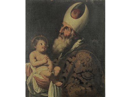 Maestro veneto del XVII secolo Santo vescovo con Gesu Bambino Olio su tela...