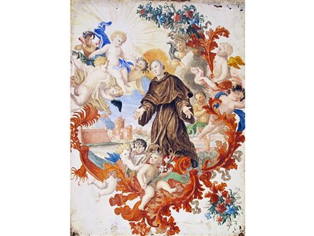 Scuola emiliana (XVII-XVIII secolo) Santo tra cherubini Acquarello su...
