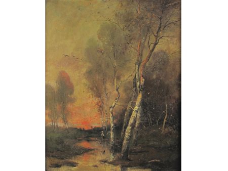 J. Rino (XIX-XX secolo) Paesaggio con airone Olio su tela Riparato Misure...