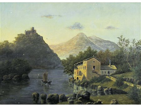 Anonimo (XIX secolo) Paesaggio lacustre Olio su tela Misure 34x47 cm