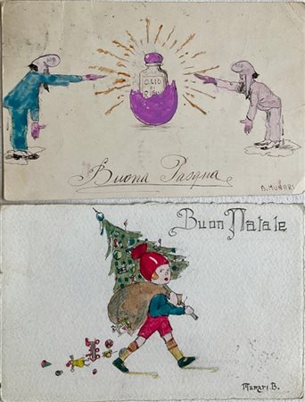 Bruno Munari "Buona Pasqua" "Buon Natale" 
due cartoline a china e acquerello su