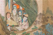  Arte Cinese - Coppia di dipinti a tempera su seta raffiguranti scene di vita cortese in un esterno 
Cina, dinastia Qing, XIX secolo .