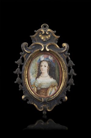 Scuola del secolo XIX "Ritratto di dama con piume e perle" miniatura ovale su a