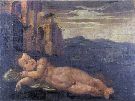 Scuola romana Inizio XVII secolo Putto dormiente Olio su tela Senza cornice...