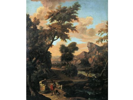 Scuola romana XVII-XVIII secolo Paesaggio Olio su tela Senza cornice Misure...