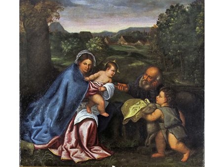 Scuola veneta XVII secolo Sacra Famiglia con San Giovannino Olio su tela...