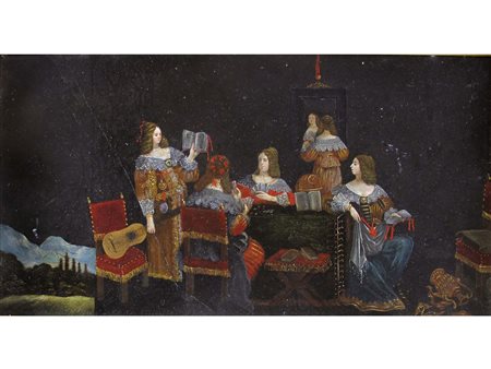 Scuola francese XVII secolo Scena d'interno Olio su lavagna Riparazione della...