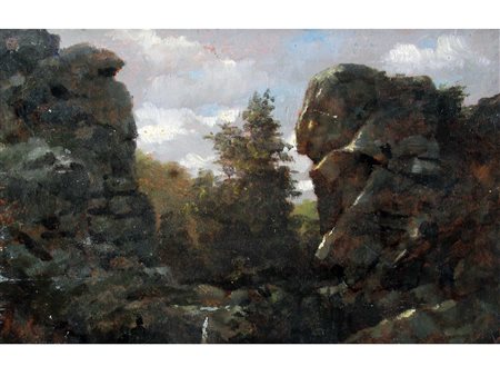 Anonimo (XIX secolo) Paesaggio roccioso Olio su cartoncino Misure 20.3x32.5 cm