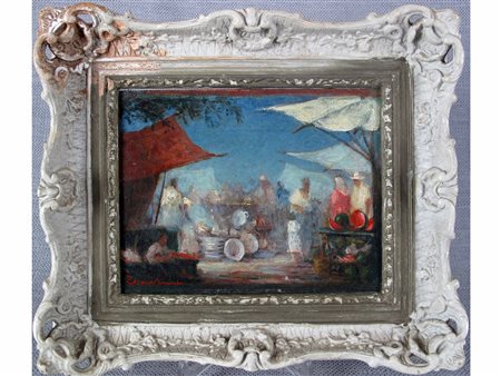 Zanari ? (XIX secolo) Mercato con piatti Olio su tela Firmato Misure 18x24 cm