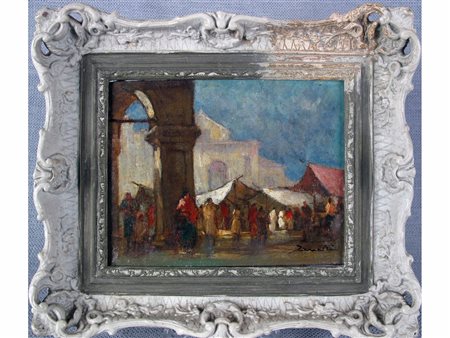 Zanari ? (XIX secolo) Mercato in piazza Olio su tela Firmato Misure 18x24 cm