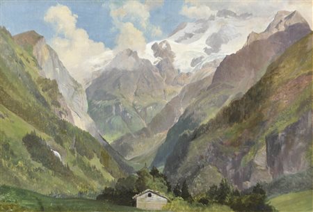 Carl Hummel (Weimar 1821 - 1907) Paesaggio alpino (Marmolada?);Olio su tela...