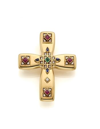 CARTIER
Spilla/pendente a guisa di croce in oro giallo con diamanti e pietre va