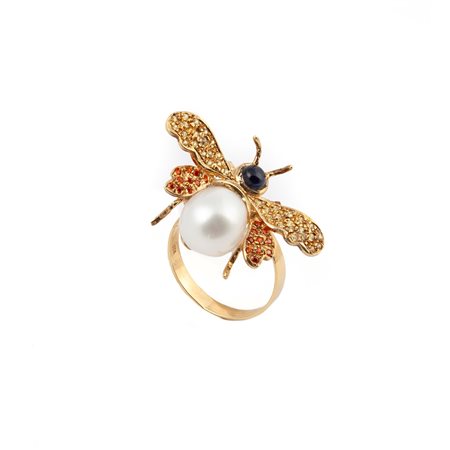  
Anello movibile moschina in oro, argento, perle e pietre preziose 
 misura 18