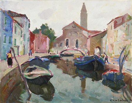 Silvio Consadori "La chiesa - Burano - Terranova" 
olio su cartone telato (cm 35