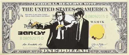 Banksy DISMAL DOLLAR CANVAS serigrafia e stencil su tela, cm 11,5x26,5 timbro...