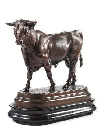 Scultura, Francia, sec. XX, in metallo modellato come un toro su base ovale,...
