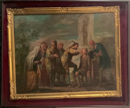 Scuola della fine del XVIII secolo "Il cavadenti" olio su tela (cm 55x72) in co