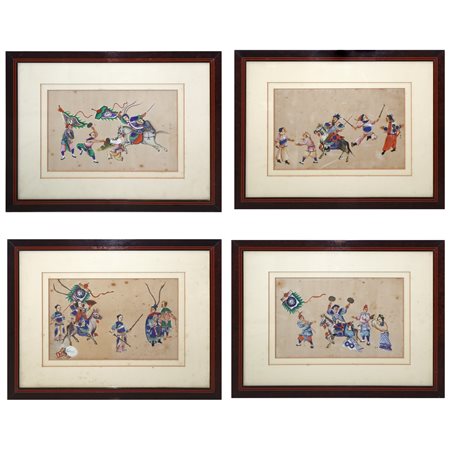 4 Acquerelli su carta raffiguranti temi popolari cinesi, 19° secolo