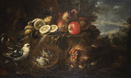 PITTORE ANONIMO DEL XVII SECOLO<BR>"Natura morta in posa con limoni, mele, melograni, uccelli e gallina"