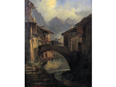 Ercole Calvi (Verona 1824–1900) Paesaggio montano Olio su cartoncino Firmato...