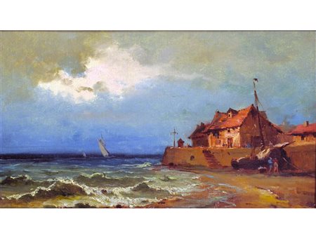 Eugenio Amus (Brescia 1834-Bordeaux 1899) Case di pescatori in Normandia Olio...