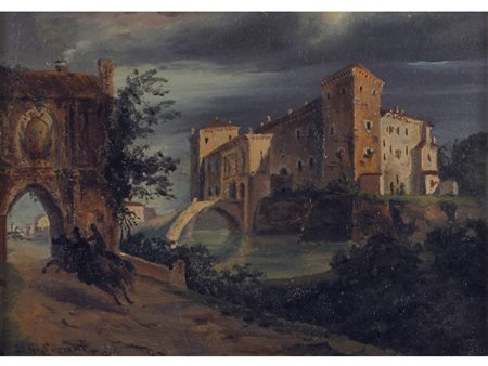 Giovanni Susani (1805-1871) Paesagio con castello e cavalieri Olio su...