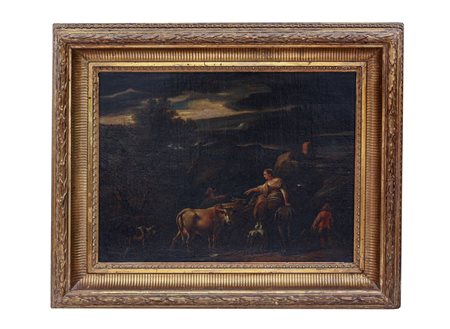 Nicolaes  Berchem (seguace di)   Paesaggio con pastorella e armenti 