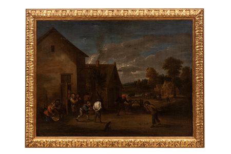 Pittore fiammingo del XVII secolo   Contadini giocano a bocce all'esterno della locanda della mezzaluna  