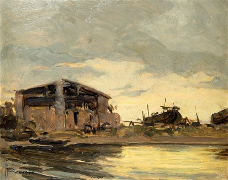 Angelo Brombo (Chioggia 1893-Padova 1962)  - La rimessa delle barche