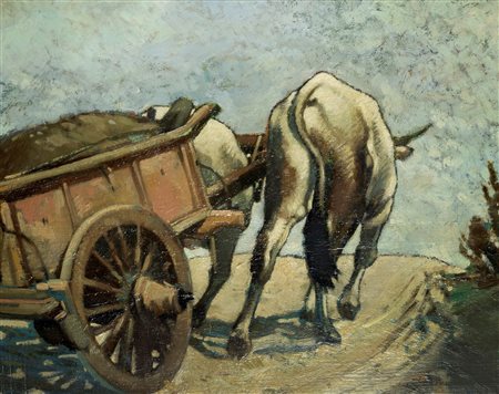 Silvio Bicchi (Livorno 1874-Firenze 1948)  - "Carretto con mucche"