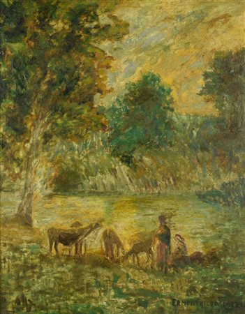 Ermenegildo Agazzi (1886 - 1945) PAESAGGIO olio su faesite, cm 40x32,5 firma