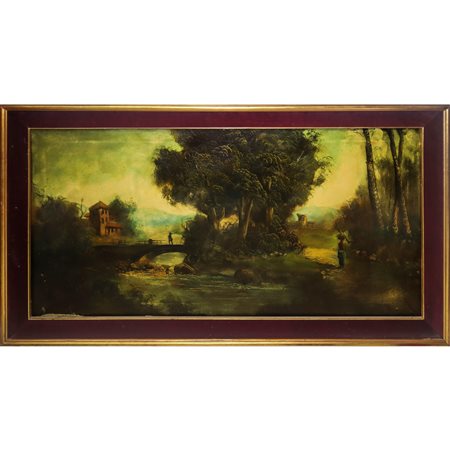 Paesaggio con ponte su fiume, alberi e personaggi, Painter of the early 20 century.