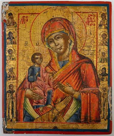 Icona, raffigurante Madonna a tre mani con Bambino, con vari santi nelle...