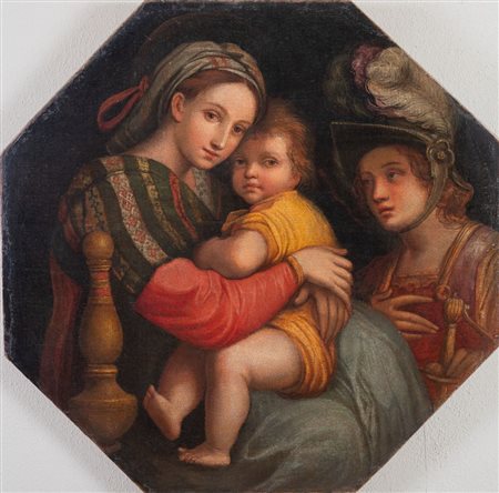Maestro emiliano del XVII secolo. "Madonna della seggiola con San Michele"....