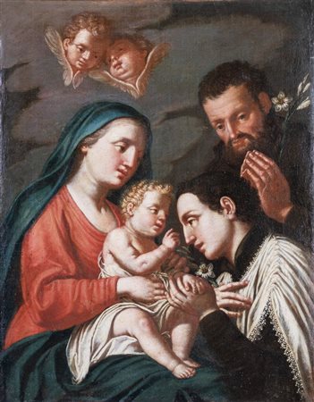 Maestro del XVII secolo. "Composizione con Madonna". Olio su tela. Cm 64x51.