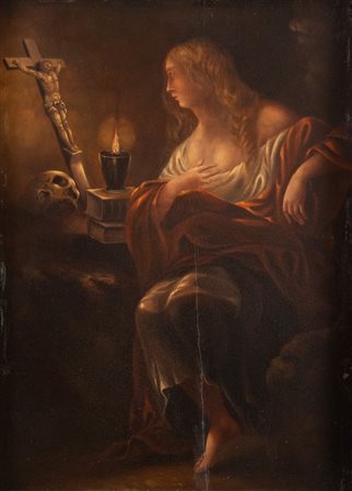 Maestro fiammingo della metà del XVIII secolo. "Maddalena". Olio su tavola....