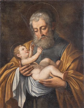 Maestro emiliano del XVII secolo. "San Giuseppe con il Bambino". Olio su...