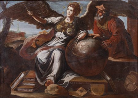 Maestro del XVII secolo. "Allegoria dell'Astrologia". Olio su tela. Cm 96x135,5.