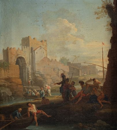 CLAUDE JOSEPH VERNET (1714-1789) "Un estuario al tramonto". Olio su tela. Cm...