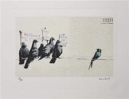 Da Banksy ANTI-IMMIGRATION eliografia su carta, cm 28,5x38,5; es. 68/150...