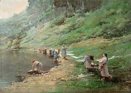 Paolo Sala (Milano 1859-1924)  - Lavandaie al Lago di Mergozzo