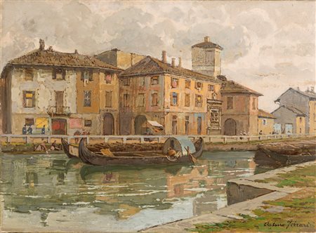 Arturo Ferrari (Milano 1861-1932)  - La Darsena del Naviglio Vallone