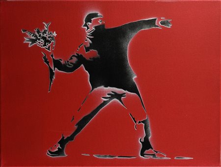 Banksy FLOWER THROWER spray stencil su tela, cm 30x40x4; es. 16/20 firma a...