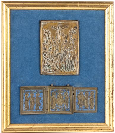  
Icone russe da viaggio in bronzo XIX secolo
 Altezza x larghezze: 6 x 16,5 cm e 12 x 8,5 cm. Peso totale: 737 gr. 