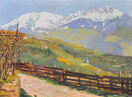 Edmund Reheis (Zams 1879 - 1951 Innsbruck) Paesaggio in Burgraviato;Tempera...