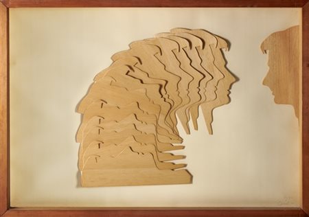 Mario Ceroli "Senza titolo" 1970
multiplo, collage di legni su carta in teca
cm